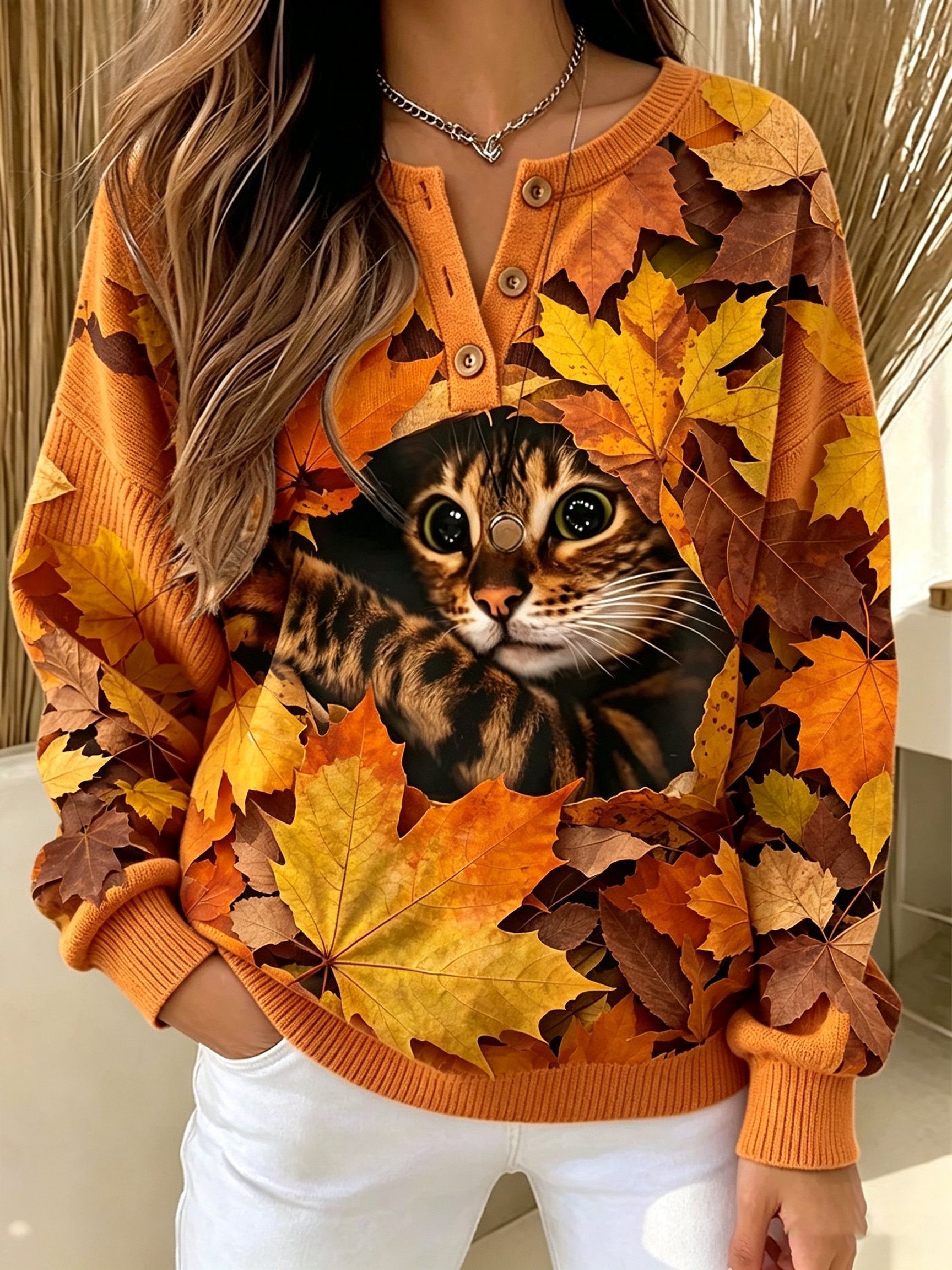Women's Casual Print Button-Up Collar Knit Top